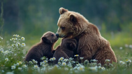 Brown Bear and Cubs in Daisy Field