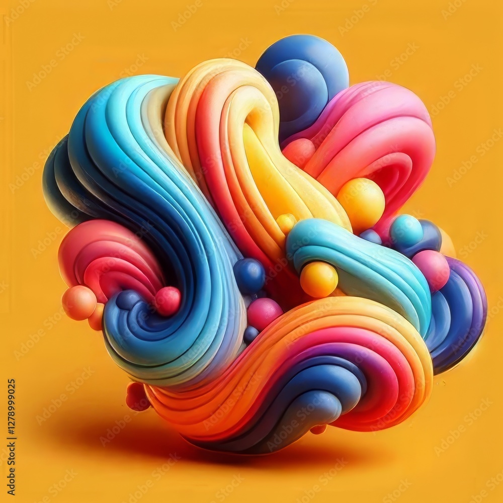 Poster an abstract 3d shape features vibrant, flowing curves and colorful spheres, creating a dynamic desig