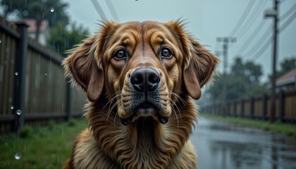 Serious golden retriever looking at the camera in the rain on a quiet stree