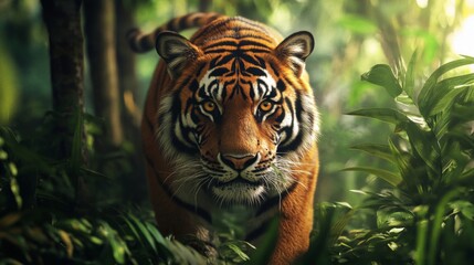 Fototapeta premium Closeup of a Tiger in a Lush Green Jungle