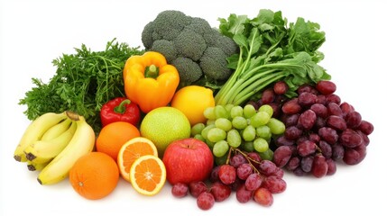 A colorful array of fresh fruits and vegetables on a clean white background, ideal for health and wellness campaigns.