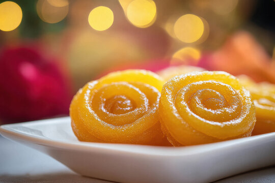 Indian sweet made of yellow colored sugar and honey in the shape of a spiral, placed on a white dish