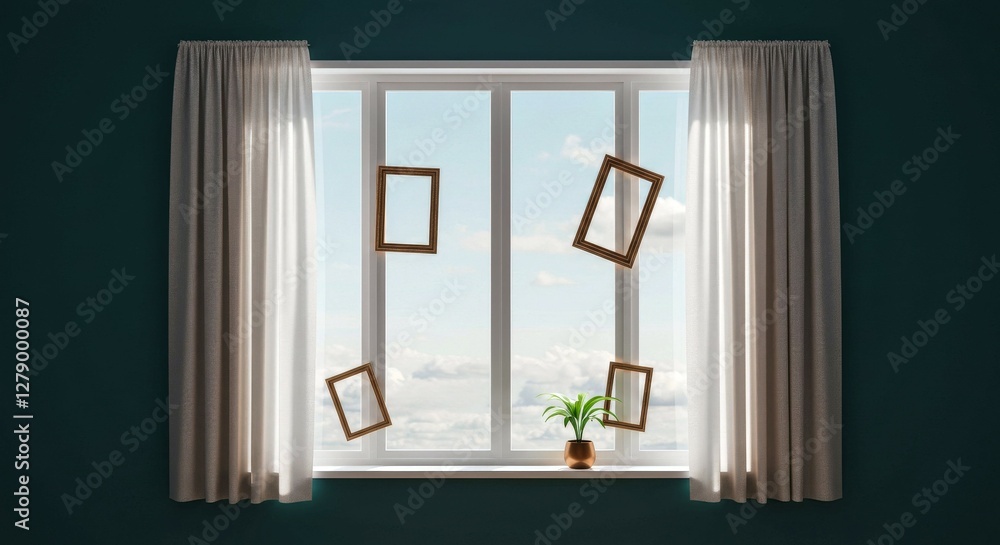 Poster a window with four frames hanging from it. the frames are broken and the curtains are open. scene is