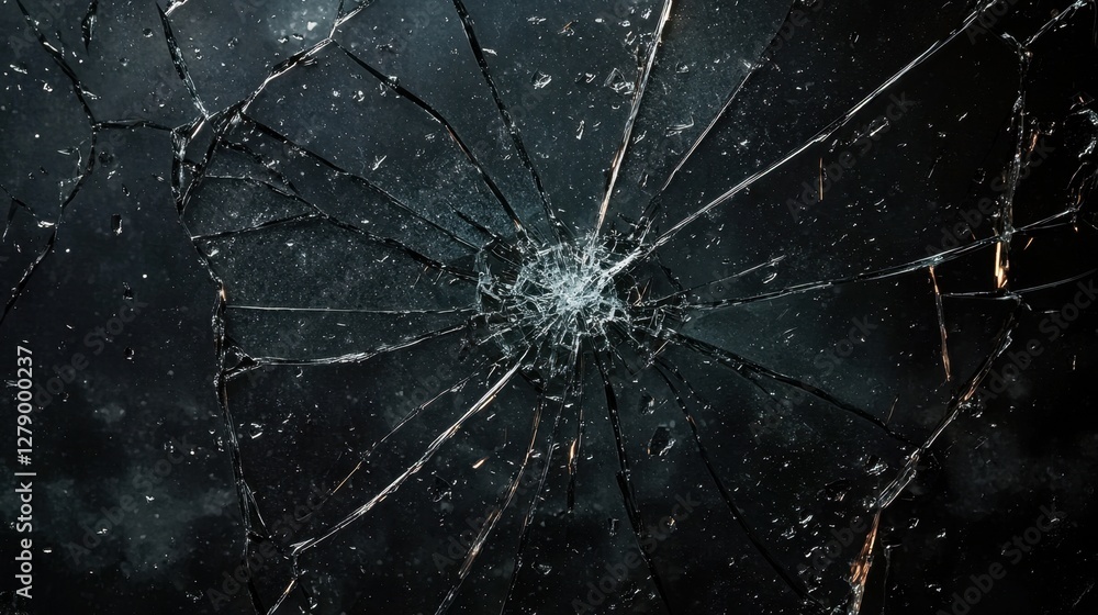 Aufkleber a cracked transparent windowpane with realistic fine fractures and scattered tiny shards.