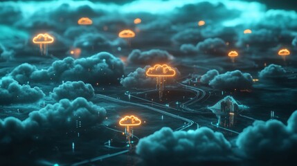 Illuminated cloudscapes a digital symphony of data and network connectivity