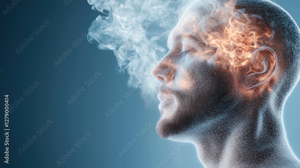 Poster abstract human silhouette dissolving and reforming in a dynamic, fluid motion, representing transfor