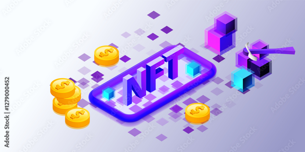 Poster nft token web concept in 3d isometric design. isometry scene with token, blockchain or marketplace. 