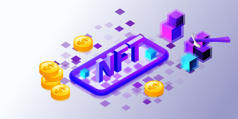 NFT token web concept in 3d isometric design. Isometry scene with token, blockchain or marketplace. Electronic crypto artworks online cryptocurrency. Vector illustration.
