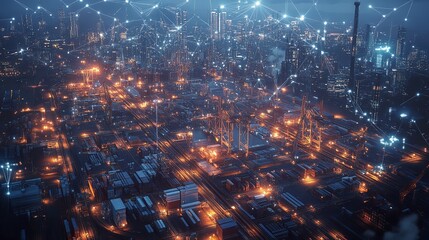 Night City Industrial Port Aerial View Smart City Network Connections Logistics Global Trade Urban Landscape web data dark blue   