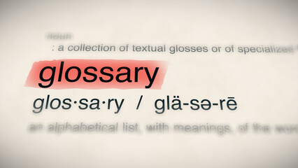 The word "glossary" in a dictionary, showing its definition and meaning