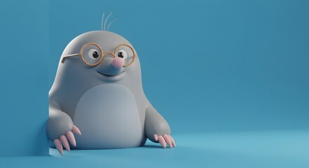 Obraz premium Cartoon Mole Wearing Glasses Peeking Out From Behind a Blue Wall