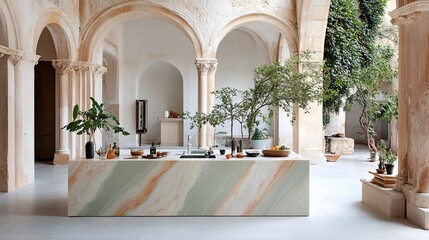 Elegant and Modern Interior Space Featuring Unique Kitchen Island Surrounded by Lush Greenery and Arches