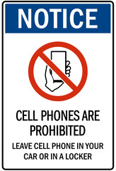 No celphone warning sign cell phones are prohibited