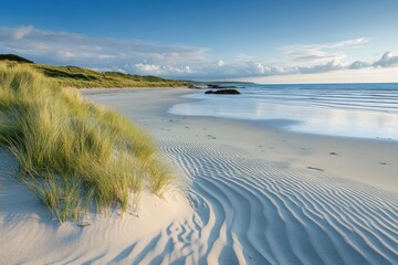 Serene coastal view with gentle waves and sandy landscape at dusk near secluded beach