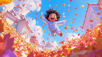 Autumnal Joy: childs glee amongst falling leaves.