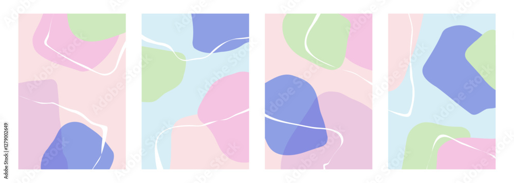 Aufkleber spring theme colors. abstract backgrounds with various curved soft colored shapes and white bent lin