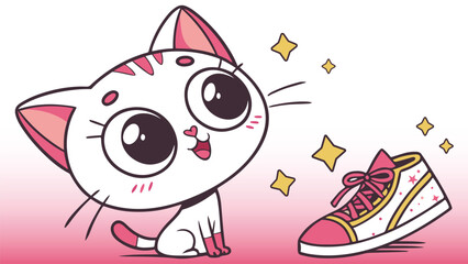 Adorable Chibi Kawaii White Cat with Stylish Shoe & Sparkles – Cute & Playful Kitten Vector Illustration for Stickers, POD, T-Shirts & Merchandise