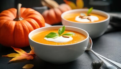 Indulge in the Warmth of Autumn Discover a Cozy Autumn Scene with a Bowl of Homemade Pumpkin Soup, garnished with Cream and Roasted Seeds, capturing the Essence of Fall Flavors Savor the Creamy