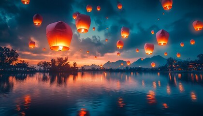 Sky lanterns over lake sunset