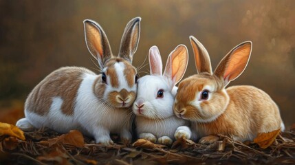 Obraz premium Three Adorable Rabbits Huddled Together on Autumn Leaves