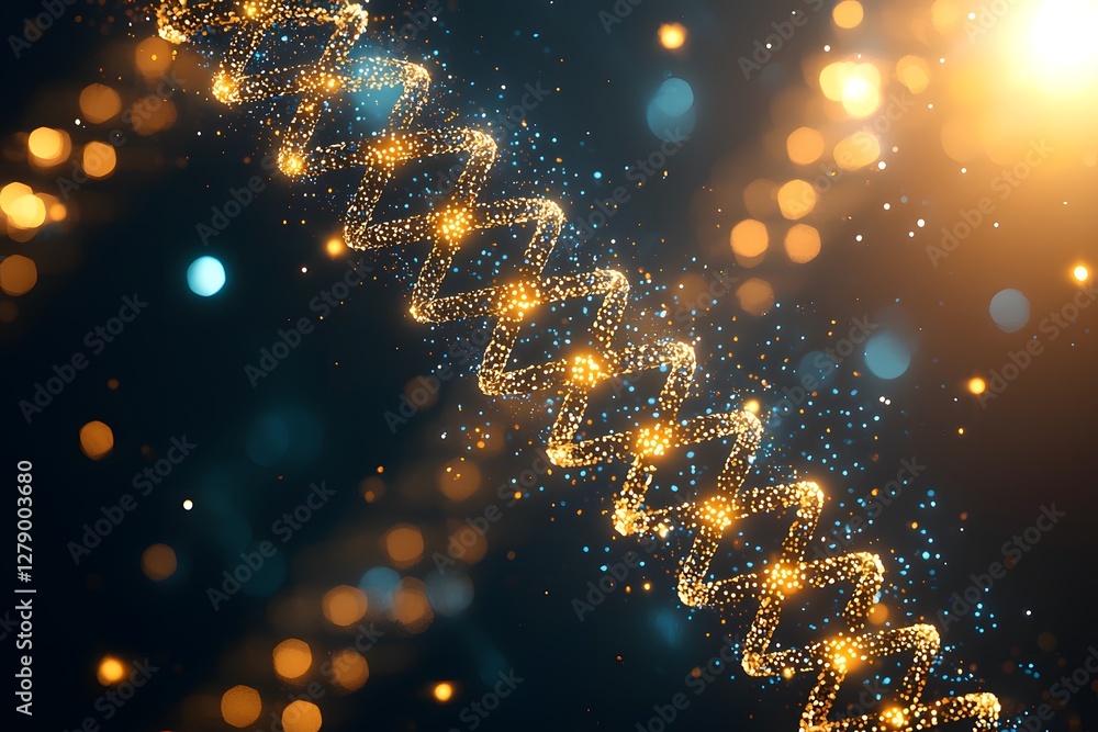 Poster abstract golden dna helix structure glittering particle background science concept