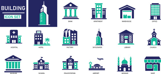  building icon set house, office, bank, school, hotel, shop, university and hospital icons.