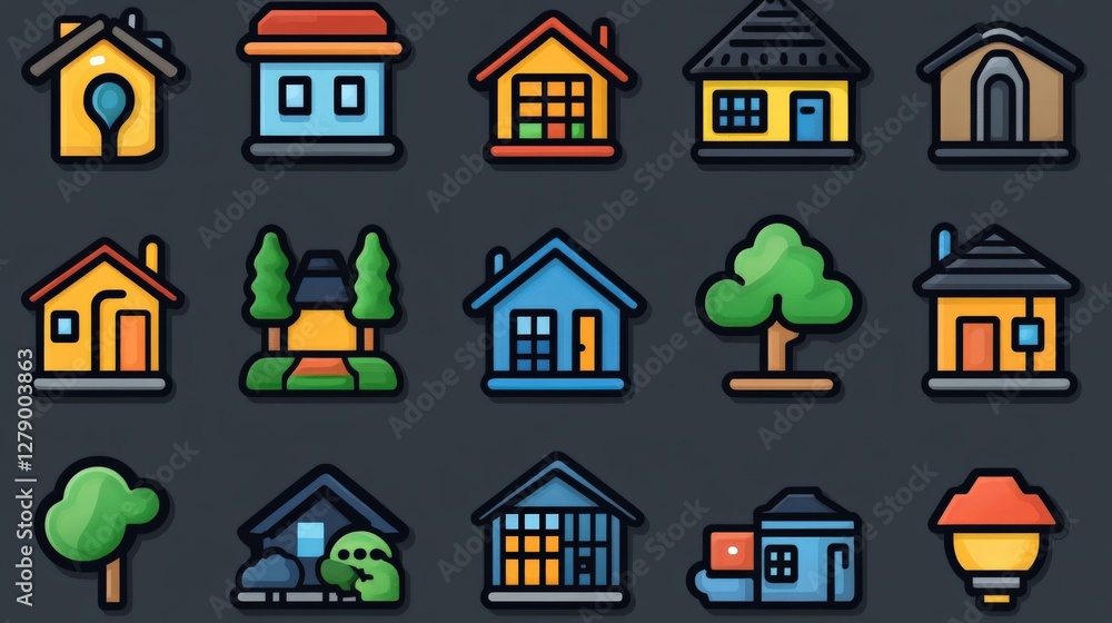 Poster a colorful collection of house icons arranged in a grid, showcasing various architectural styles and