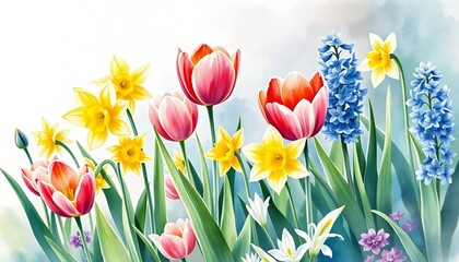 spring tulips, hyacinths and daffodils, watercolor painting