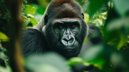 Obraz premium Powerful Gorilla Portrait Amid Lush Green Rainforest Foliage