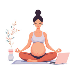 Obraz premium Pregnant woman practicing online prenatal yoga at home