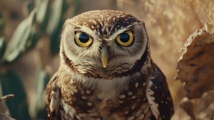 Obraz premium Close-Up Portrait of a Brown Owl with Intense Yellow Eyes