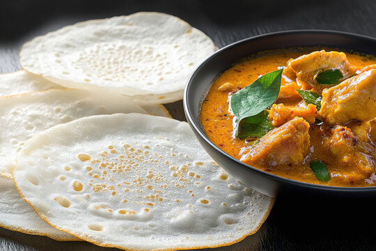 A close-up of traditional shaped ne Peroth appam with chutney and chicken kari