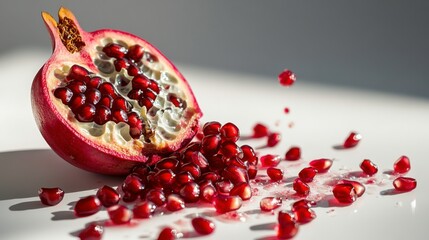 Fresh Pomegranate Halved with Seeds Spread on Light Background