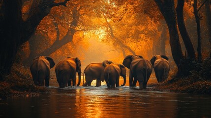 Majestic herd of elephants walking through a tranquil orange-hued forest river at sunset, creating a serene and breathtaking scene.