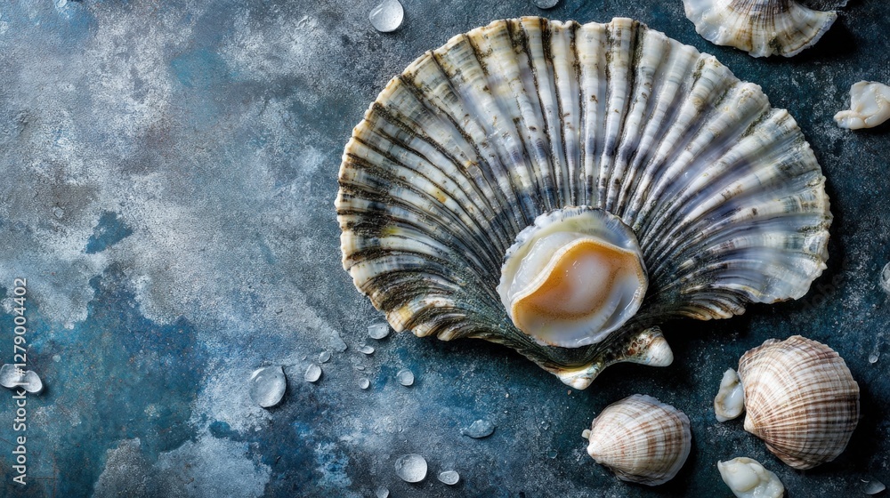 Poster close-up of a beautiful scallop shell with smaller shells on a textured blue background