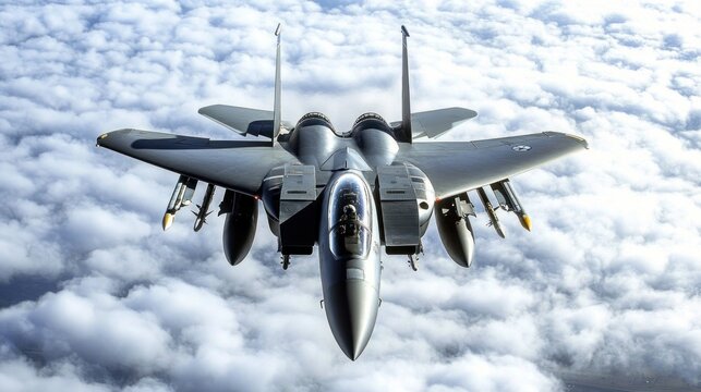 F-15 Eagle soars against a backdrop of fluffy clouds, ascending high