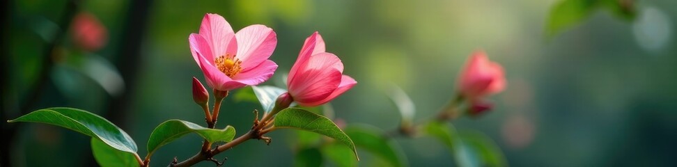 Naklejka premium Delicate pink petals unfolding on a stem with glossy green leaves, , floral