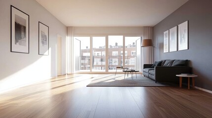 Obraz premium Natural light enhances the elegance of the empty hardwood-floored living room.