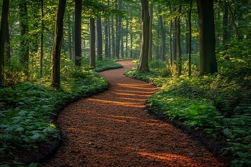 Obraz premium Serene Forest Path at Dawn Bathed in Sunlight