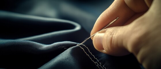 A hand carefully stitches rich, dark fabric, focusing on precision and meticulous attention to detail in creating a perfect seam.