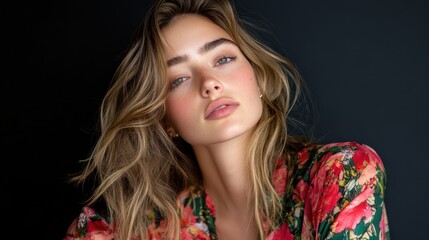 Naklejka premium A stylish blond woman with long hair, adorned in a colorful floral shirt and elegant earrings, exudes confidence and charm.