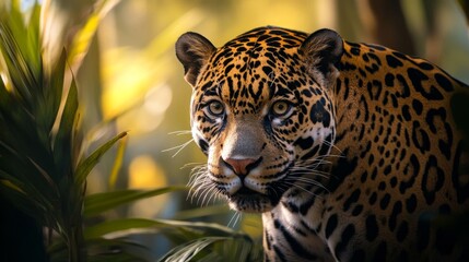 Fototapeta premium Closeup Portrait of a Jaguar in a Lush Green Jungle