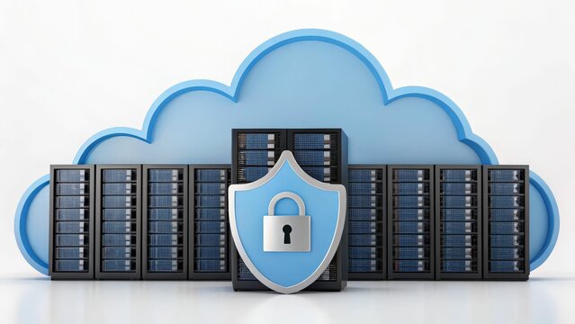 A cloud computing graphic shows servers protected by a shield, symbolizing data security and privacy in the digital world.