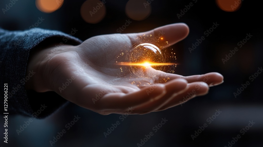 Poster glowing sphere of infinite ai-powered knowledge capsule in an abstract, futuristic digital world. re