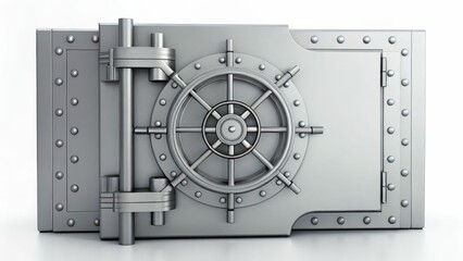 Fototapeta premium A metallic bank vault door with a large circular locking mechanism, featuring rivets and an industrial design.