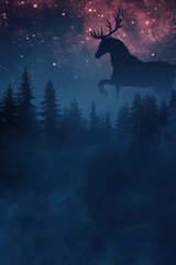 Fototapeta premium A majestic stag silhouette stands against a starry sky, surrounded by dark, foggy forest trees, creating an enchanting and mystical atmosphere.
