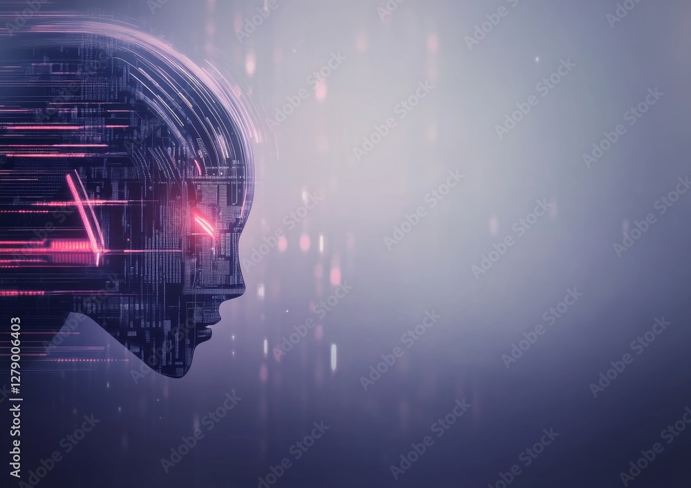 Aufkleber a digital representation of a futuristic robotic head with glowing features, symbolizing artificial 