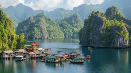 Fototapeta premium Scenic view of boats anchored on tranquil water beside a quaint mountain village, surrounded by lush greenery and serene landscapes.