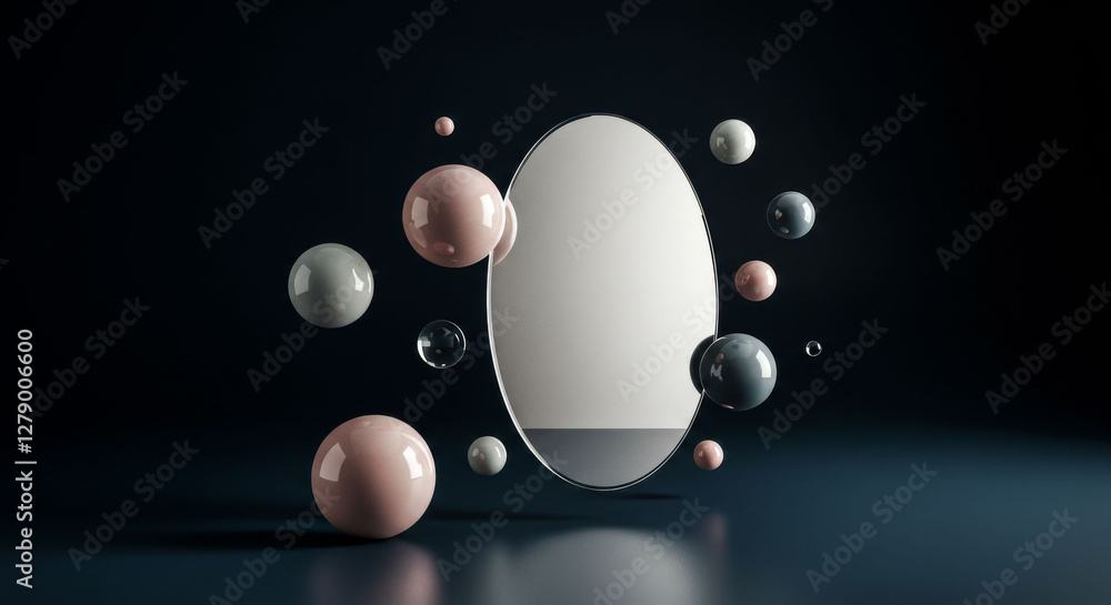 Poster a reflection of a room is shown with a large oval mirror in the center. the room is filled with vari