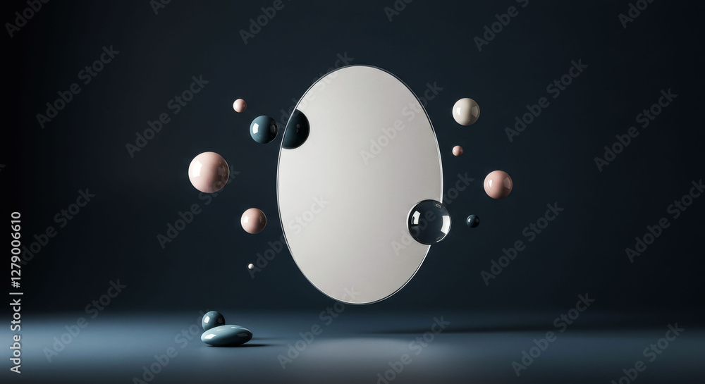 Poster a reflection of a group of colorful spheres in a mirror. the spheres are of different sizes and colo